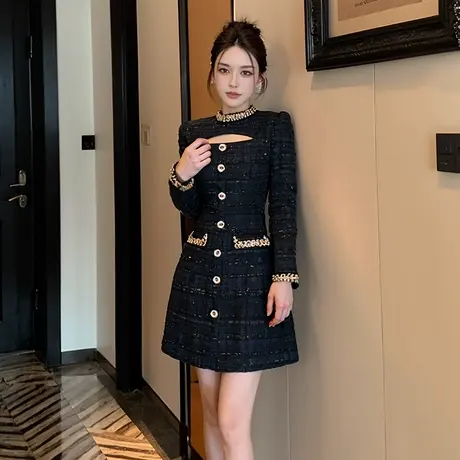 高端精致小香风a字连衣裙春季名媛轻奢高级感圆领显瘦小个子短裙图片