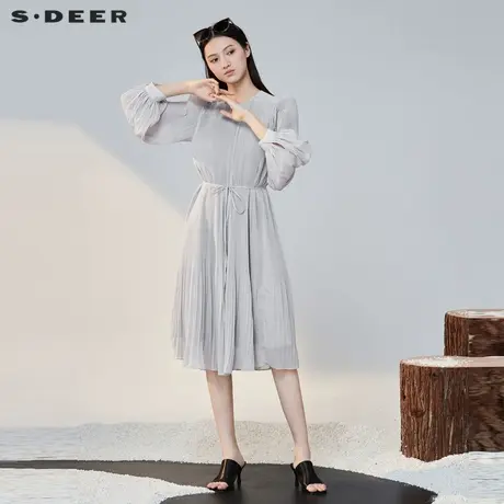 sdeer圣迪奥女装圆领肌理褶皱收腰衬衫连衣裙S223Z125V图片