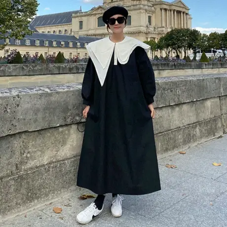 春夏新款长袖大娃娃领连衣裙女过膝长款韩版宽松大码时尚休闲裙子图片