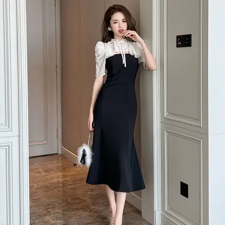 淑女优雅泡泡袖连衣裙2023新款拼接减龄轻熟风过膝黑色鱼尾裙长款图片