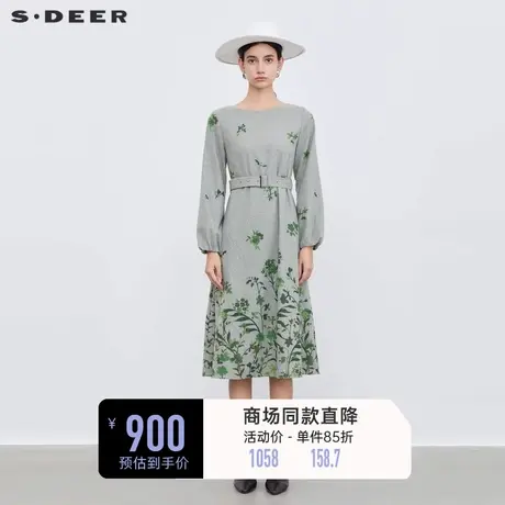 sdeer圣迪奥女装圆领收腰印花灯笼袖毛呢连衣裙S23481201图片