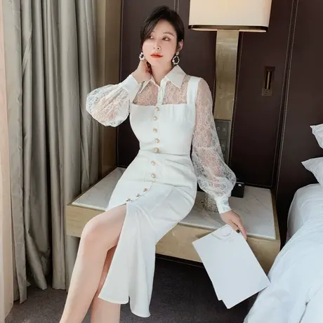 时尚修身职业ol气质女神范衣服显瘦中长款开叉高冷御姐风连衣裙图片
