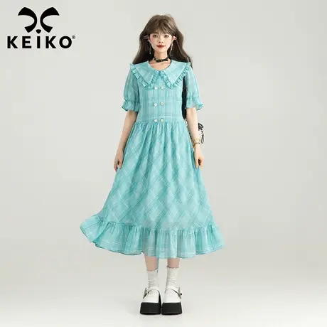 KEIKO 法式田园湖蓝色格子连衣裙25夏季度假风减龄娃娃领雪纺长裙图片