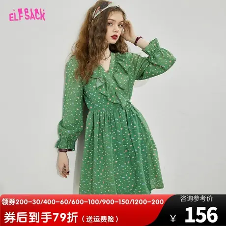 妖精的口袋交叉木耳边绿色碎花连衣裙女2023春秋新款长袖宽松显瘦图片