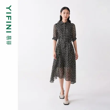 [专柜同款]Yifni/易菲法式高腰显瘦气质印花翻领碎花连衣裙女夏新图片