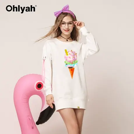 Ohlyah品牌韩版圆领中长款卫衣女装宽松显瘦个性印花长袖溜肩慵懒图片