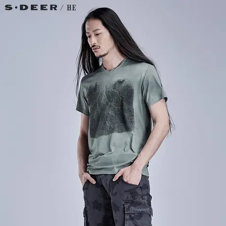 S.Deer/He【惠】 圣迪奥男棉纺灰调印花T恤H15270121图片