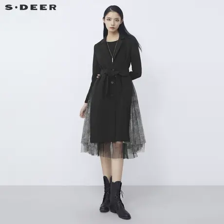 sdeer圣迪奥西装领单排扣收腰网纱拼接长款风衣S21381812图片