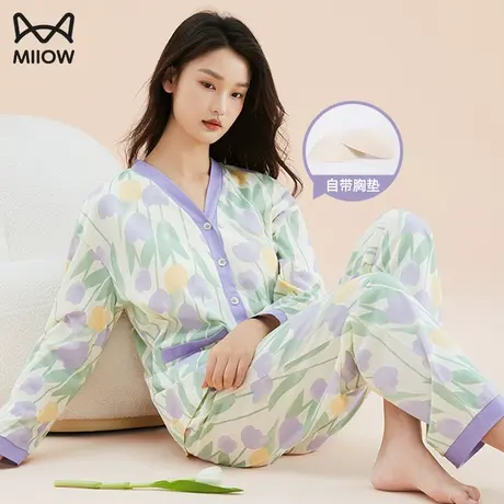 猫人睡衣女秋冬款带胸垫纯棉甜美郁金香高级感长袖开衫家居服套装商品大图