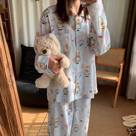 蓝格面包女孩 |柔软纯棉磨毛秋冬款家居服可爱卡通睡衣女春秋款图片