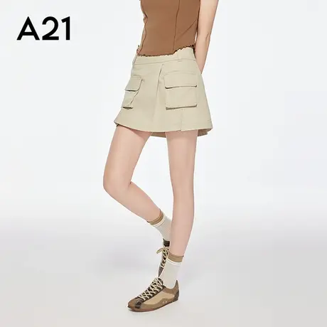 A21女装杏色半身裙简约短裙设计感口袋宽松显瘦A字裙工装学院风图片