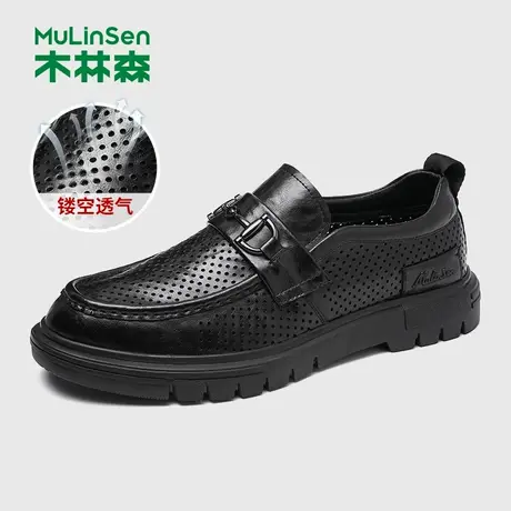 木林森男鞋2025夏季透气软底豆豆鞋男纯牛皮棕色男士商务休闲皮鞋图片