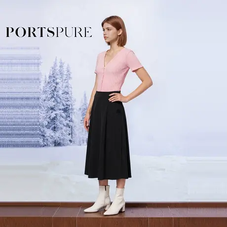 宝姿PORTSPURE女装2025夏季新品度假轻薄百搭中长黑色半身伞裙图片