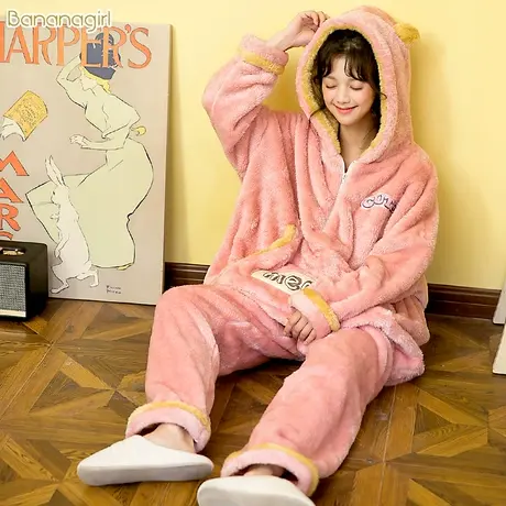 Bananagirl睡衣女秋冬珊瑚绒保暖加厚情侣睡衣法兰绒女连帽家居服图片