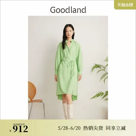 【醋酸羊毛】Goodland美地春季抽褶小立领收腰连衣裙图片