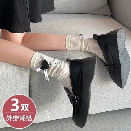 白色袜子女ins潮棉袜春秋款中长筒搭配小皮鞋乐福鞋玛丽珍鞋穿的图片