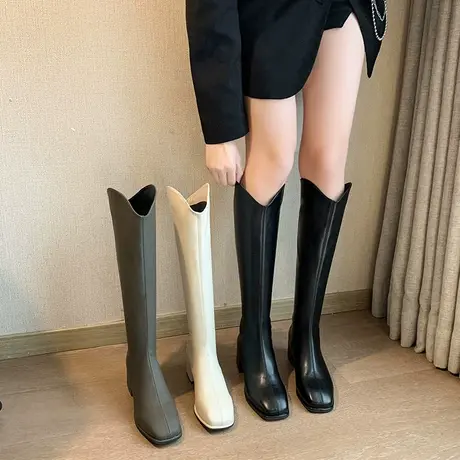 长筒靴女2023春秋季新款时尚高级洋气小个子瘦瘦靴粗跟高跟骑士靴商品大图