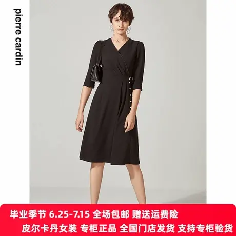 卡丹女装新品法式小黑裙V领长袖优雅长袖连衣裙【官方正品】图片