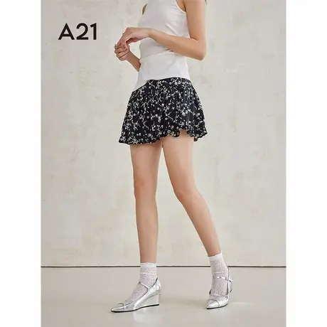 A21女装梭织短裙夏季休闲廓形气质拼色黑白色碎花裙图片