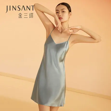 金三塔真丝睡裙丝滑舒适100%桑蚕丝女性感吊带睡衣纯色家居服图片