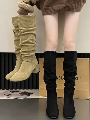 不过膝长筒靴子女2023年冬季新款绒面粗跟高筒靴尖头西部牛仔靴女商品大图