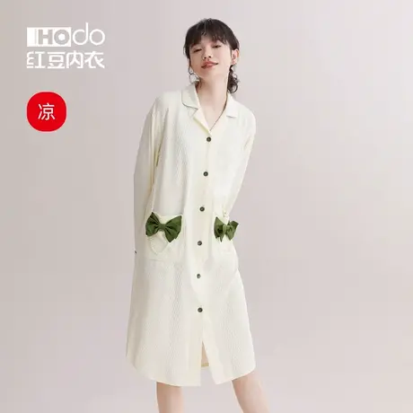红豆女士睡裙夏季薄款长袖裙宽松家居服甜美可外穿中长裙子睡衣女图片