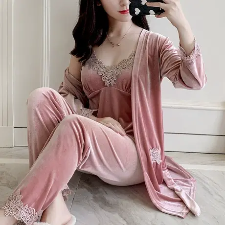 睡衣女春秋冬性感吊带睡裙睡袍四件套装带胸垫可外穿金丝绒家居服图片