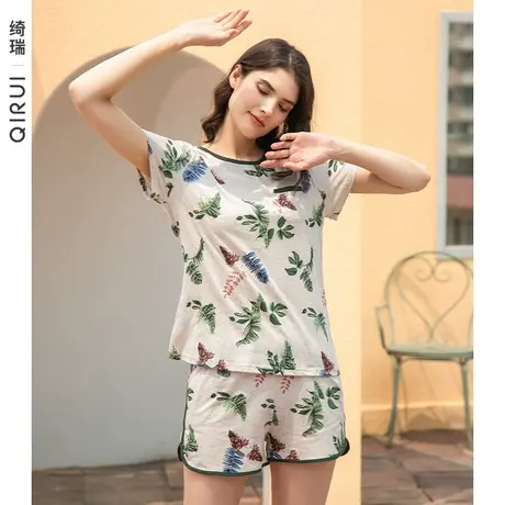 绮瑞纯棉睡衣女士夏季短袖短裤薄款甜美印花全棉可外穿家居服套装图片