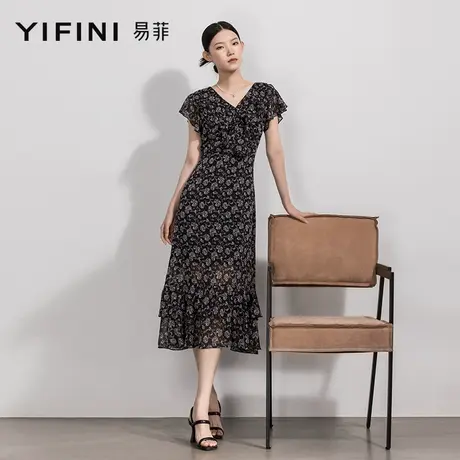 Yifini/易菲法式复古V领雪纺碎花连衣裙蛋糕裙女薄款夏季新款图片