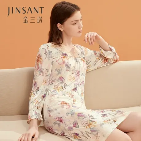 金三塔真丝与鸢尾的极致浪漫 100%桑蚕丝舒适柔软弹性印花睡裙图片