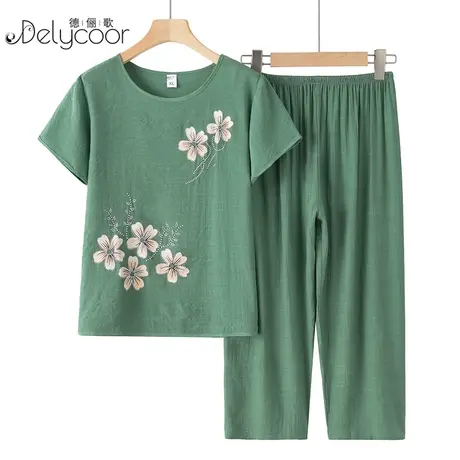 妈妈夏装棉绸套装中老年女装奶奶短袖宽松洋气老人夏天衣服两件套商品大图