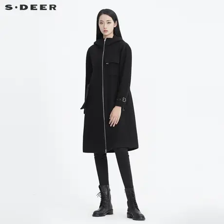 sdeer圣迪奥女个性高领连帽字母胶印飘带拼接毛呢大衣S19481817图片