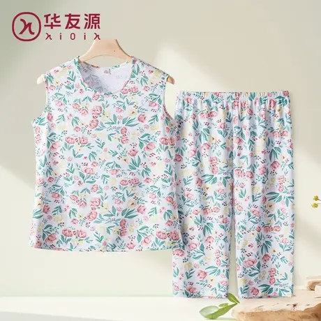 中老年纯全棉背心女妈妈宽松薄无袖加肥大码夏家居服七分睡裤套装图片