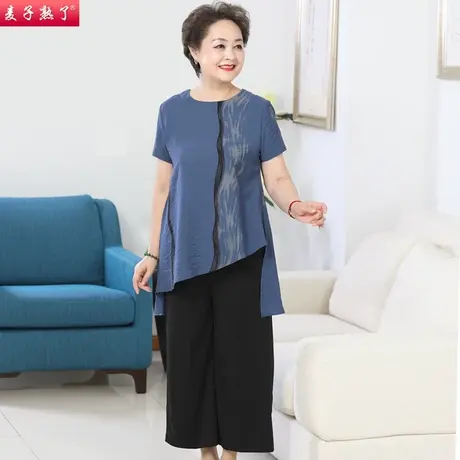 妈妈夏装套装短袖宽松T恤小衫阔太太洋气两件套衣服中老年人女装商品大图