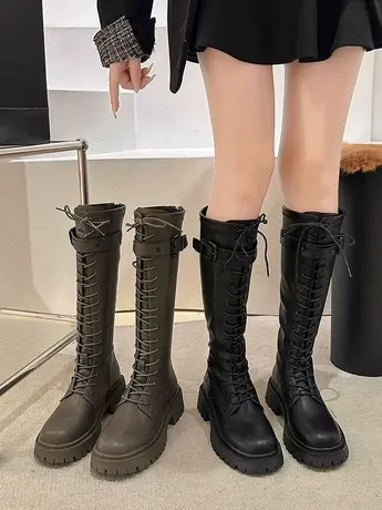 不过膝长靴女秋季新款绑带厚底长筒靴后拉链中高筒机车靴女骑士靴图片
