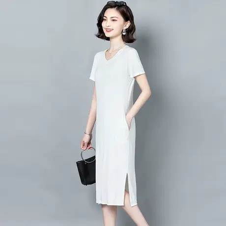 白色短袖连衣裙女夏季宽松遮肚莫代尔显瘦内搭打底裙中长款裙子图片