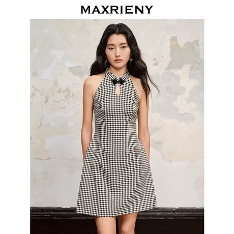 MAXRIENY中式宫廷复古风千鸟格挂脖连衣裙无袖娃娃A摆裙子图片