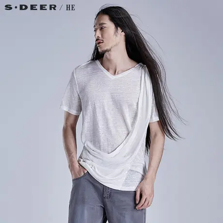 S.Deer/He【惠】圣迪奥亚麻纯白男士连帽T恤H14270136图片