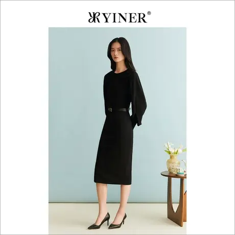 【中国红】YINER音儿女装冬季法式优雅立体雕花羊毛连衣裙图片