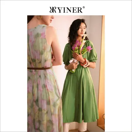 YINER音儿女装夏季复古方领系带收腰泡泡袖连衣裙图片