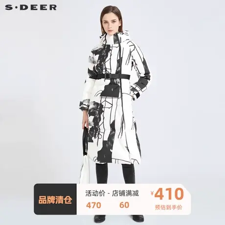 sdeer圣迪奥女装高领连帽印花收腰拼接长款羽绒服S20482486图片