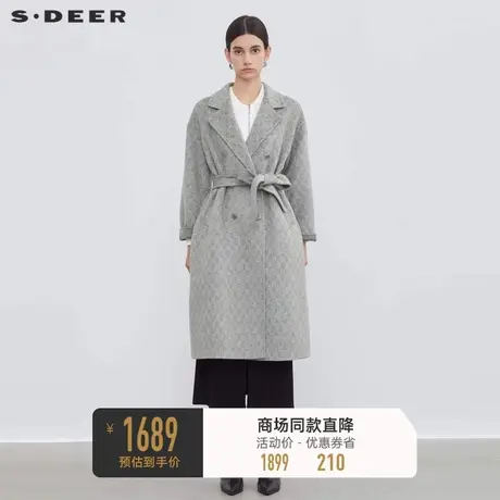 sdeer圣迪奥女装西装领条纹收腰毛呢长款大衣S23482503图片