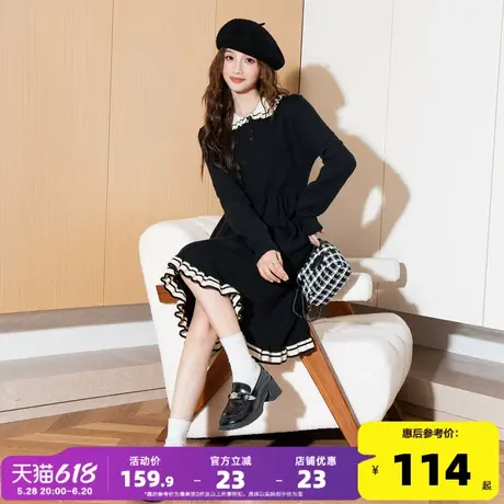 唐狮黑色娃娃领入秋韩系连衣裙女秋冬超好看温柔气质针织毛衣裙y3图片