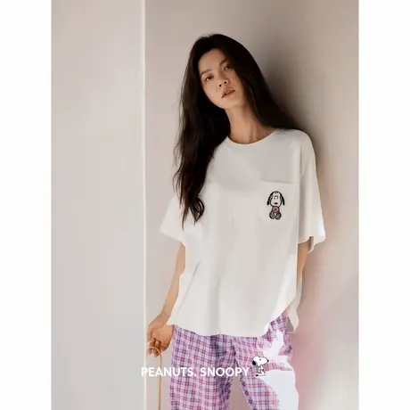 贝妍睡衣女夏薄款纯棉短袖格子长裤套装休闲宽松少女史努比家居服图片