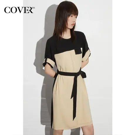 COVER夏季拼色明线装饰醋酸连衣裙图片