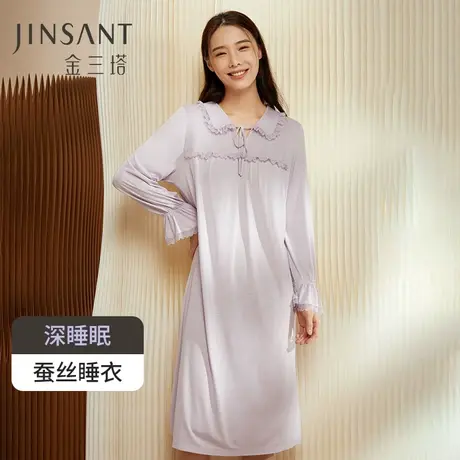金三塔100%桑蚕丝 轻盈舒展 真丝针织弹力素色长睡裙图片