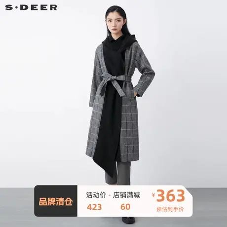 sdeer圣迪奥女装设计感连帽撞色格纹收腰长款毛呢大衣S21461813商品大图