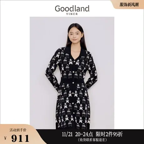 Goodland美地女装2023冬季海鸥领羊毛混纺提花针织A字连衣裙图片