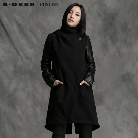 sdeer圣迪奥女装PU拼接毛呢修身长风衣外套S15381865图片