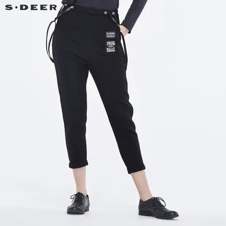sdeer圣迪奥女装撞色英文布贴装饰个性卷边脚口背带裤S18480889商品大图